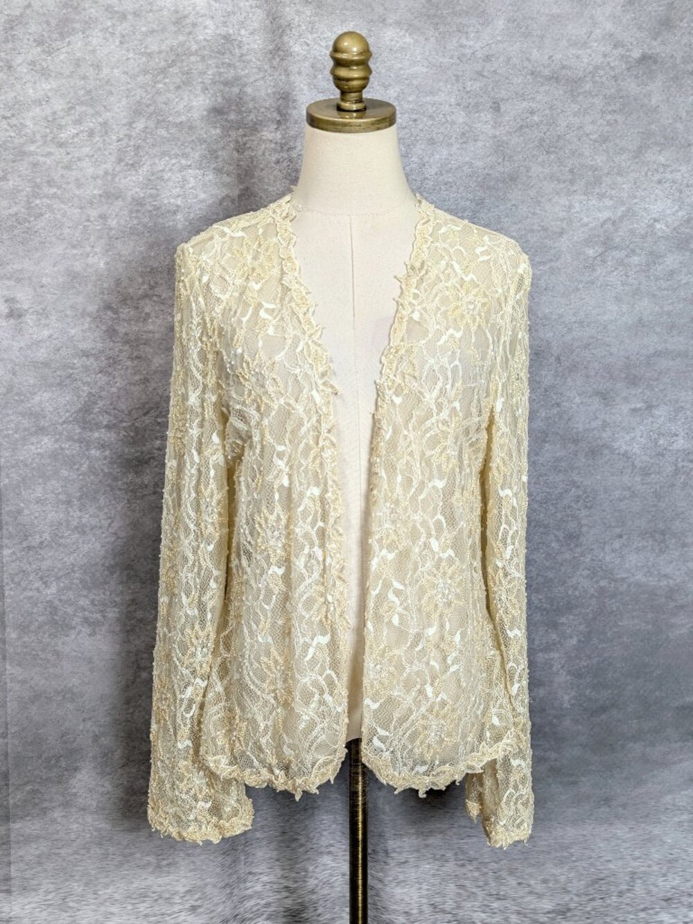 NWT Montage Beaded Lace Open Jacket Size 14 Champagne Formal Wedding Topper